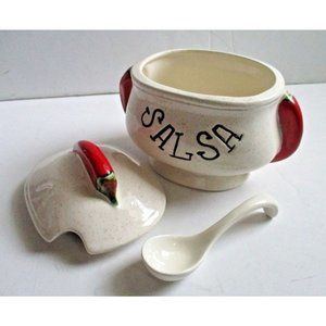 **Vintage Salsa Red Hot Jalapeno Pepper Serving Dish Bowl Lid Ladle Spoon